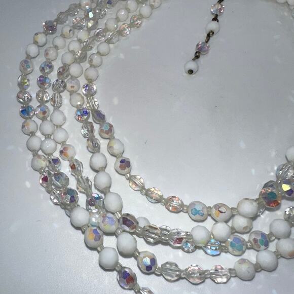 1950s vintage aurora borealis clear milk glass 5 multi strand beaded necklace - Picture 2 of 9